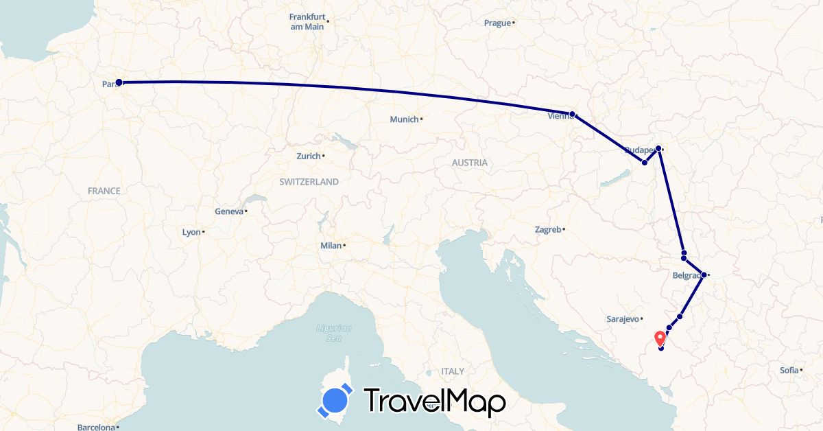 TravelMap itinerary: driving, hiking in Austria, Bosnia and Herzegovina, France, Hungary, Montenegro, Serbia (Europe)